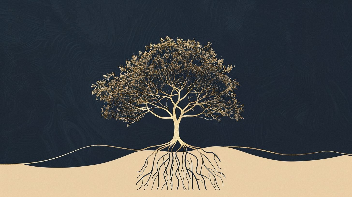 Illustration transmission de patrimoine, arbre aux racines dorées